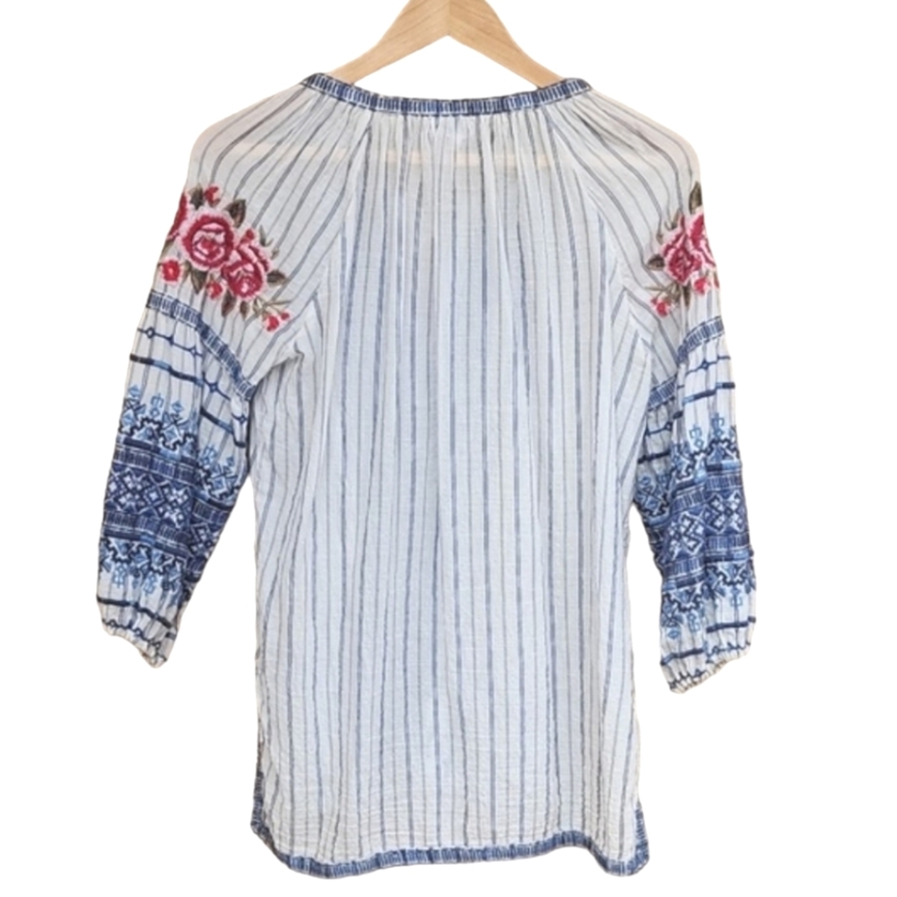 JOHNNY WAS Workshop Shea Peasant Blouse S Santori Stripe Embroidered Boho Anthro - Picture 6 of 16